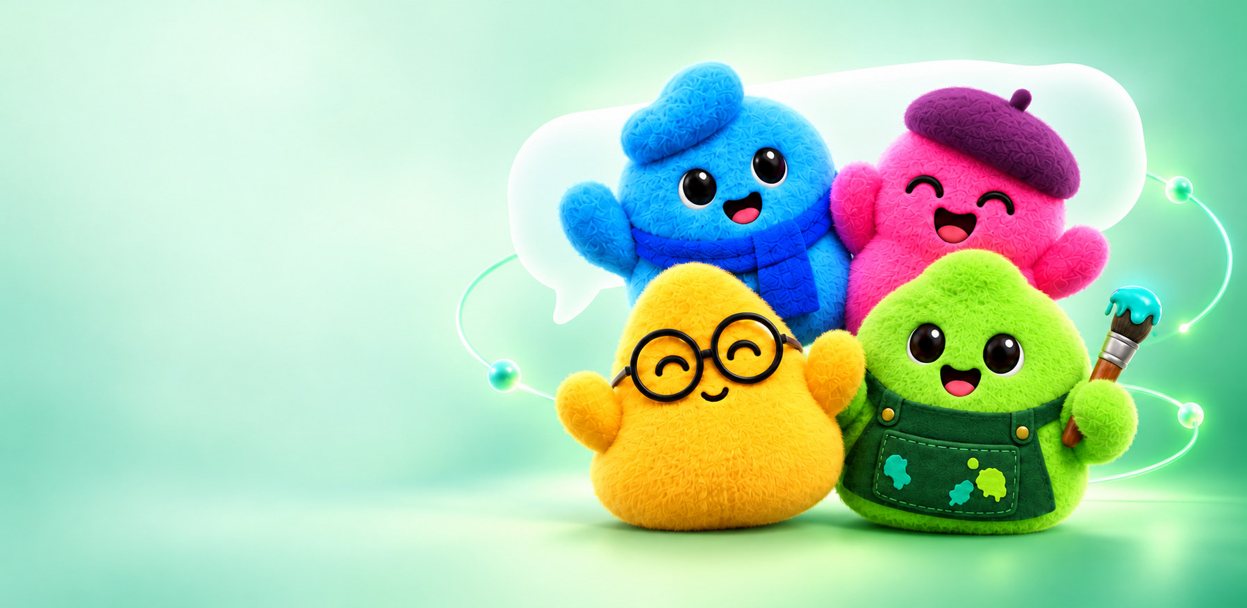 Four bright, fluffy mesme helpers smiling together